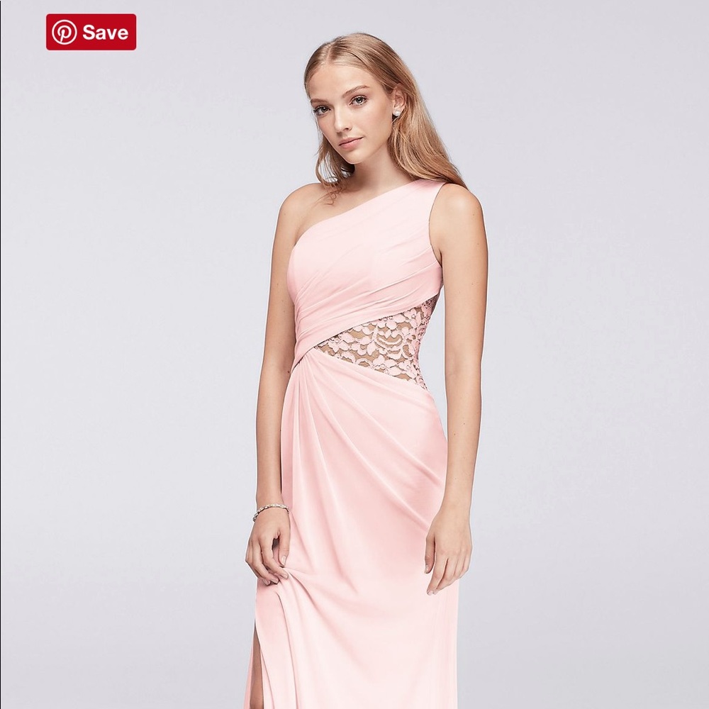 Petal pink one shoulder mesh bridesmaid dress with lace inset